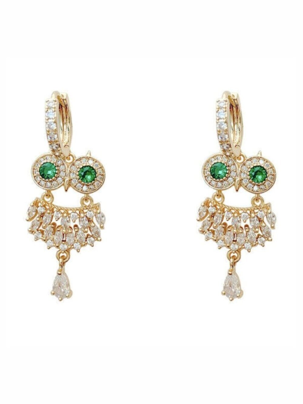 Owl Earrings Green Eyes Rhinestones 925 Silver Gold Vermeil Pierced NWT M387